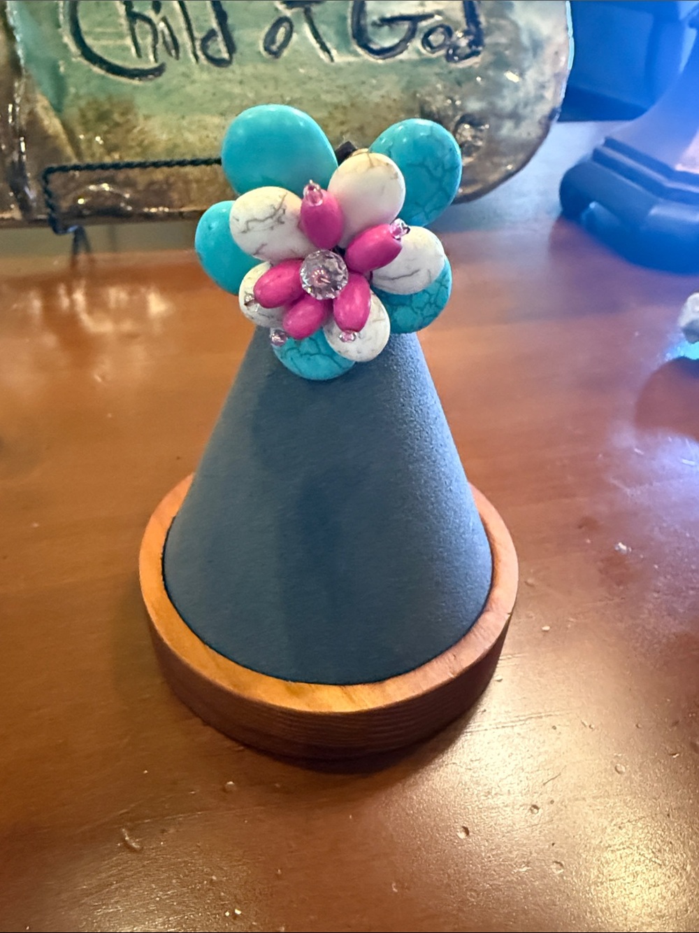 Turquoise, White & Pink Flower Ring